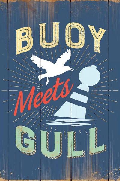 Buoy Meets Gull In Blue by JJ Brando framed canvas print