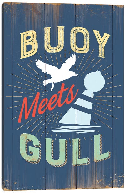 Buoy Meets Gull In Blue Canvas Art Print - JJ Brando