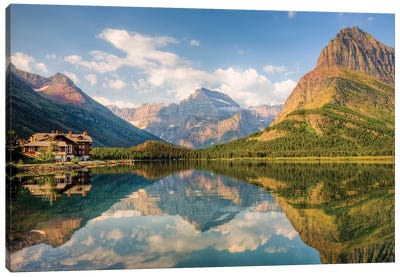 Many Glacier Hotel And Swiftcurrent Lake, Glacier National Park, Montana, USA Canvas Art Print - Mountains Scenic Photography