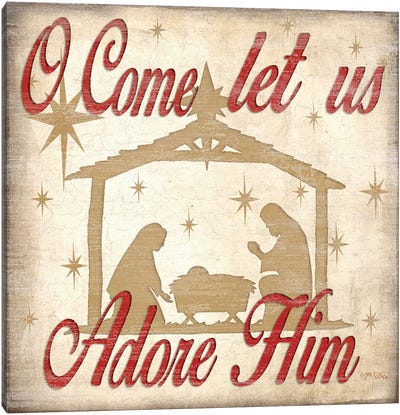 Adore Him Nativity Red  Canvas Art Print - Religious Christmas Art