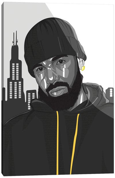 Drake I Canvas Art Print - Black, White & Yellow Art