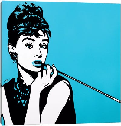 Audrey Hepburn On Turquoise Canvas Art Print - Holly Golightly