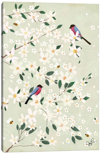 Apple Blossom Bullfinches Canvas Art Print - Joy Laforme