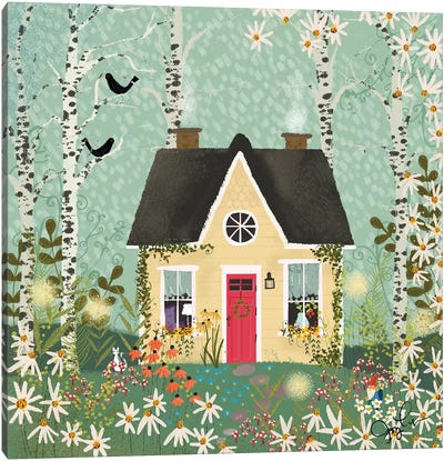 Yellow House In The Forest Canvas Art Print - Folk Art
