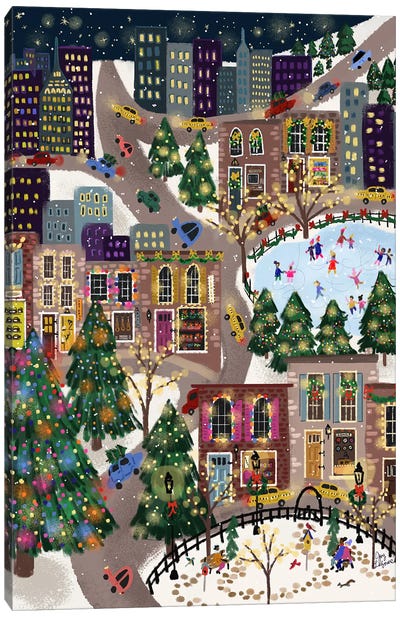 Sparkling City Canvas Art Print - Christmas Trees & Wreath Art