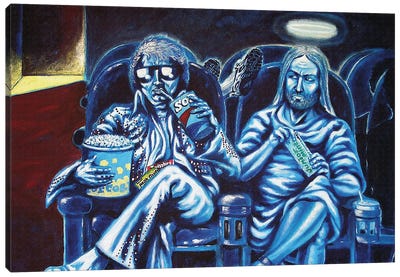 Elvis And Jesus At The Movies Canvas Art Print - Satirical Humor Art