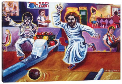 Elvis And Jesus Bowling Canvas Art Print - Satirical Humor Art