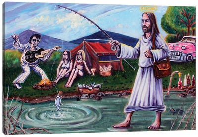 Elvis And Jesus Camping Canvas Art Print - Jerry Lee Kirk