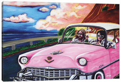 Elvis And Jesus Go For A Drive Canvas Art Print - Satirical Humor