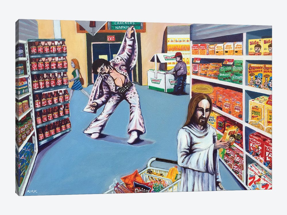 Elvis And Jesus Go Grocery Shopping by Jerry Lee Kirk 1-piece Canvas Artwork