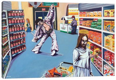 Elvis And Jesus Go Grocery Shopping Canvas Art Print - Jerry Lee Kirk