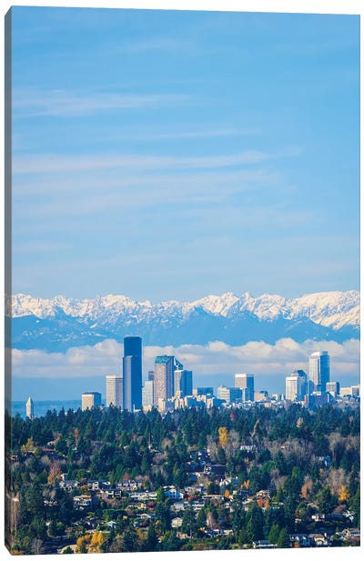 USA, Washington State. Seattle skyline and Olympic mountains Canvas Art Print