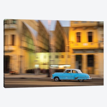 Cuba, Havana, classic car in motion at dusk on Malecon. Canvas Print #JLM7} by Merrill Images Canvas Art Print