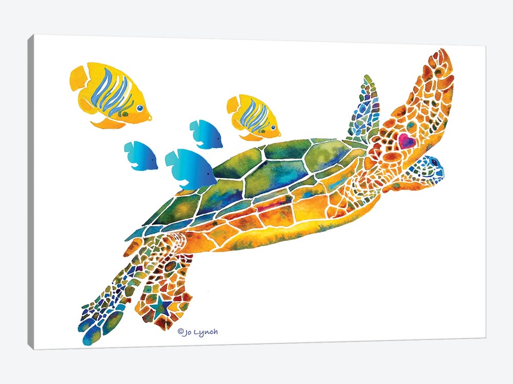 Sea Turtle With Fish by Jo Lynch 1-piece Art Print