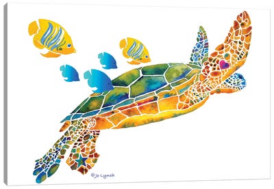 Sea Turtle With Fish Canvas Art Print - Jo Lynch