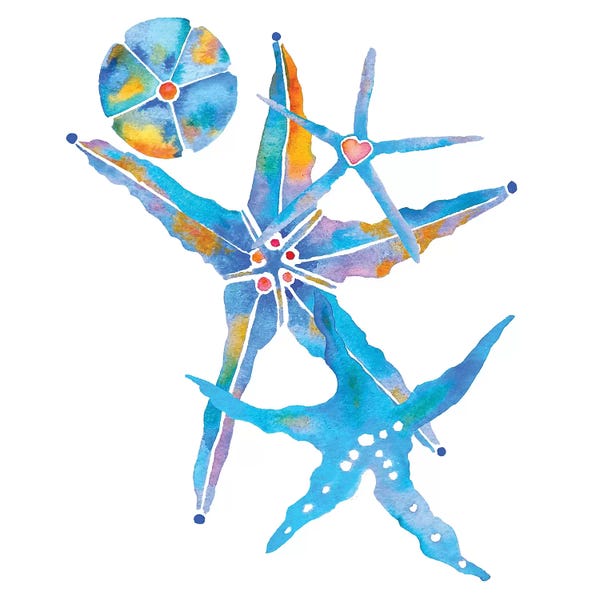 Kids Nautical Art: Three Starfish And A Sand Dollar by Jo Lynch