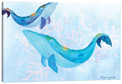 Whales Play Ocean Canvas Art Print - Kids Nautical Art