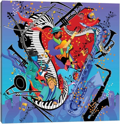 Blue Jazzy Jam Canvas Art Print - Saxophone Art