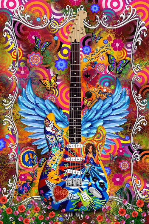 Janis Joplin Groovy Love Butterfly Tie Dye Art Guitar