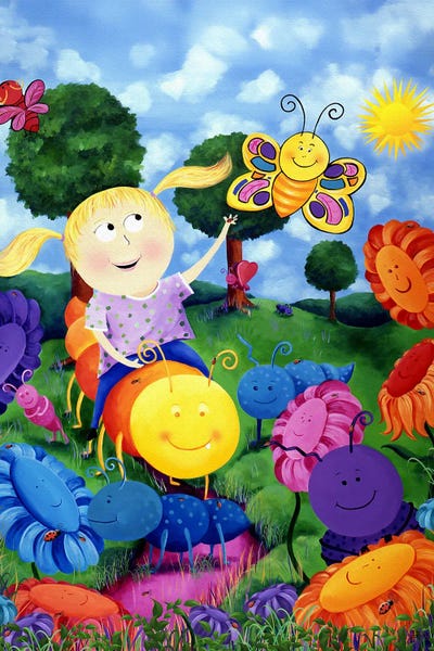 Friendly Caterpillars Flowers And Ladybugs by Juleez framed canvas print