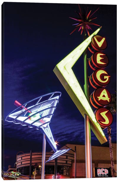 Neon Martini Glass And Vegas Signs At Night, Fremont East Entertainment District, Las Vegas, Nevada, USA Canvas Art Print - Signs