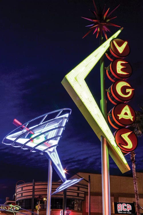 Neon Martini Glass And Vegas Signs At Night, Fremont East Entertainment District, Las Vegas, Nevada, USA