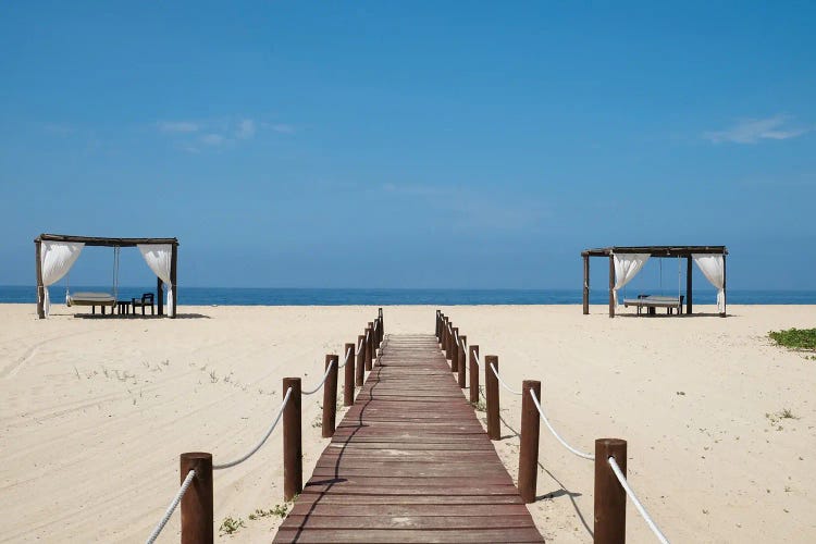 Todos Santos, Mexico. Boardwalk And Palapas, A Traditional Mexican Shelter.