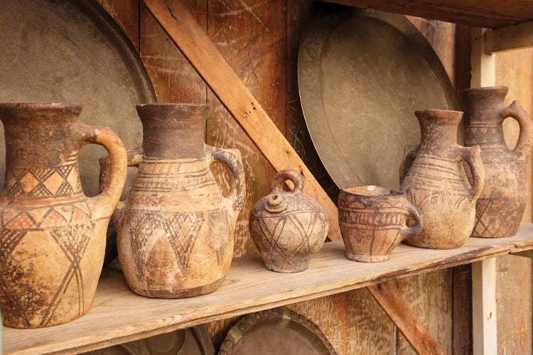 Fes, Morocco. Antique Clay Jugs On A Shelf