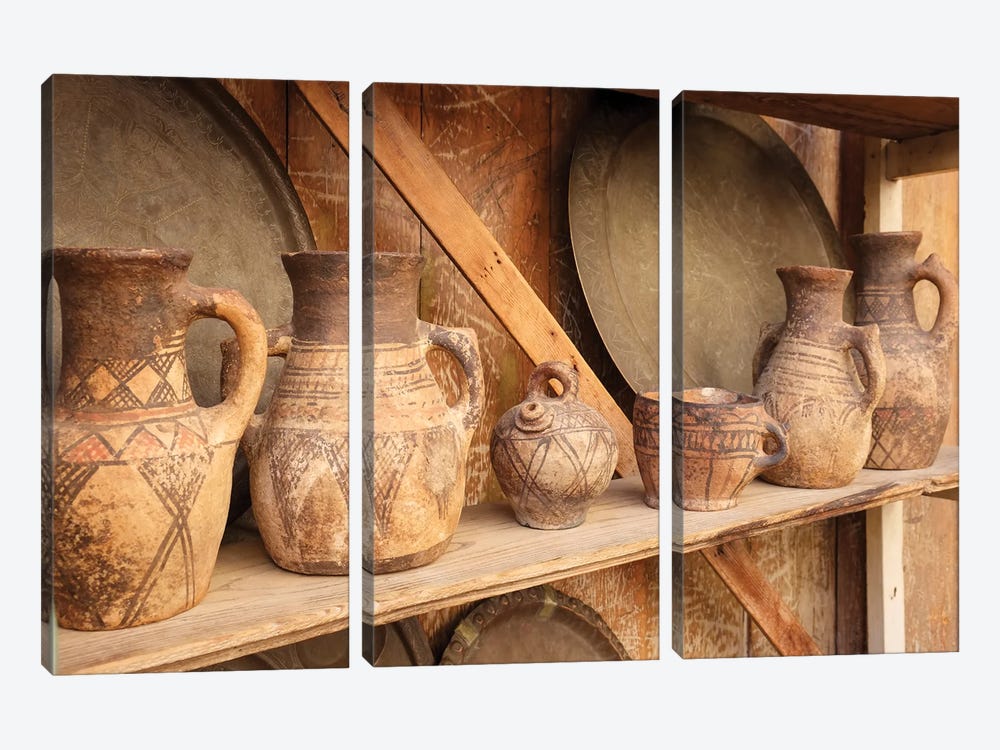 Fes, Morocco. Antique Clay Jugs On A Shelf by Julien McRoberts 3-piece Canvas Wall Art