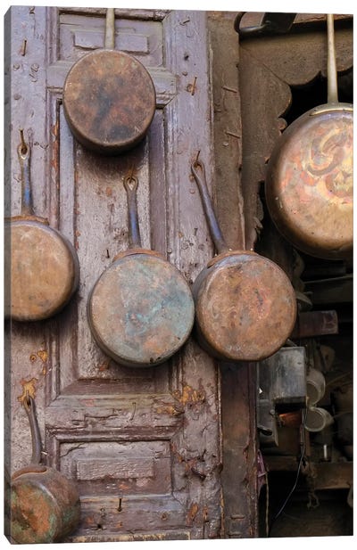 Fes, Morocco. Antique Copper Pans For Sale In The Medina Canvas Art Print