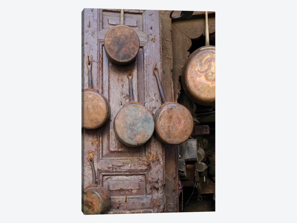 Fes, Morocco. Antique Copper Pans For Sale In The Medina by Julien McRoberts 1-piece Canvas Print