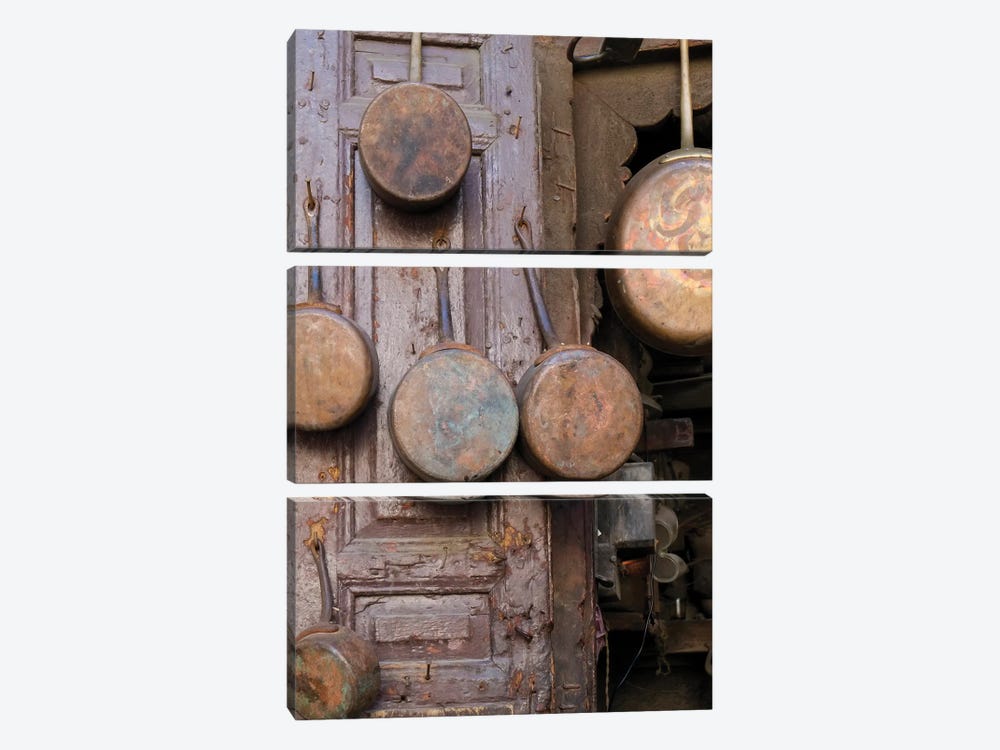 Fes, Morocco. Antique Copper Pans For Sale In The Medina by Julien McRoberts 3-piece Art Print