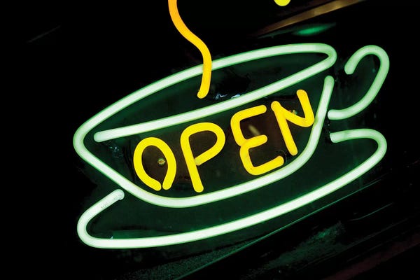 New Mexico: Neon "Open" Coffee Shop Sign, U.S. Route 66, Albuquerque, New Mexico, USA by Julien McRoberts