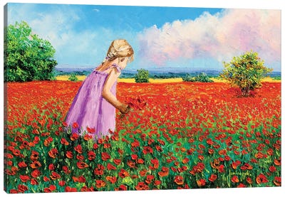 Little Girl Gathering Poppies Canvas Art Print - Coastal Sand Dune Art