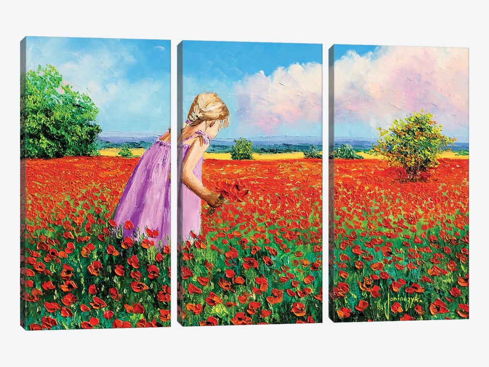 Little Girl Gathering Poppies by Jean-Marc Janiaczyk 3-piece Canvas Art
