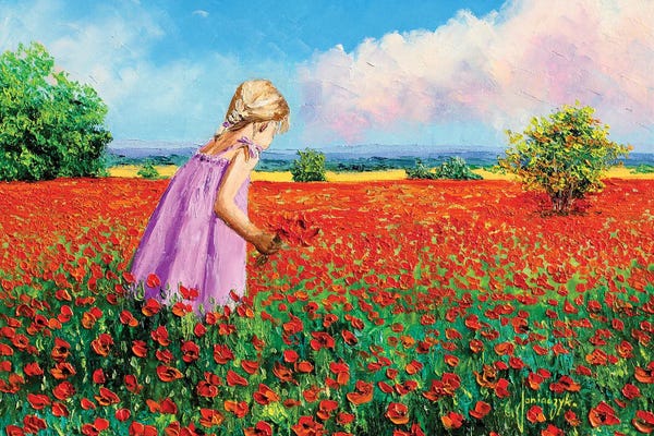 Coastal Sand Dunes: Little Girl Gathering Poppies by Jean-Marc Janiaczyk