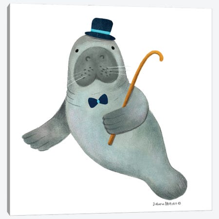Manatee With A Hat, Bow Tie And A Stick Canvas Print #JMK101} by Juliana Motzko Canvas Art