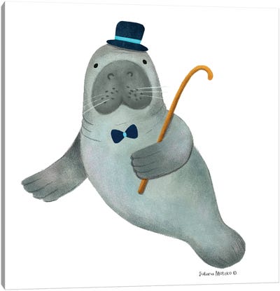 Manatee With A Hat, Bow Tie And A Stick Canvas Art Print - Manatee Art