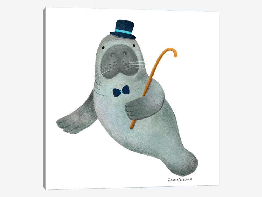 Manatee With A Hat, Bow Tie And A Stick by Juliana Motzko 1-piece Canvas Art