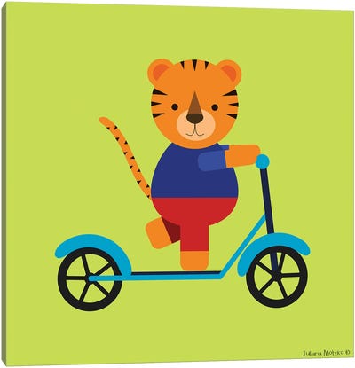Little Tiger On A Scooter Canvas Art Print - Juliana Motzko
