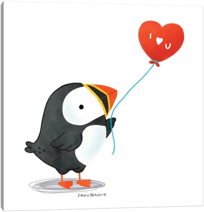 Puffin With A Heart Balloon Canvas Art Print - Puffins