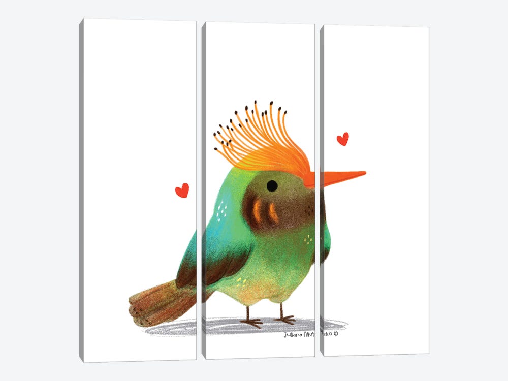 Rufous Crested Coquette Bird With Hearts by Juliana Motzko 3-piece Canvas Print