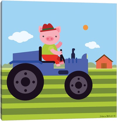 Pig Driving A Tractor In The Farm Canvas Art Print - Juliana Motzko