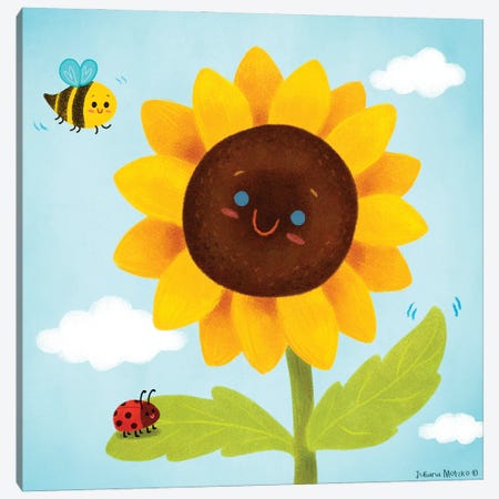 Spring Sunflower With Bee And Ladybug Canvas Print #JMK136} by Juliana Motzko Canvas Wall Art