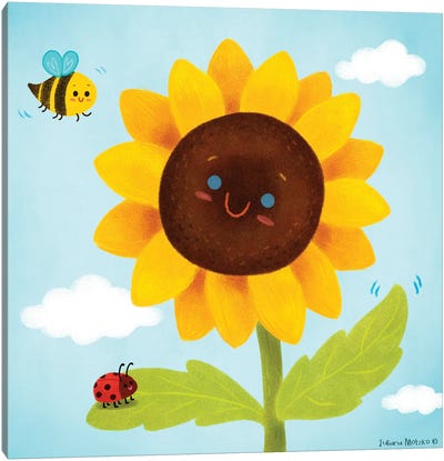 Spring Sunflower With Bee And Ladybug Canvas Art Print - Ladybug Art
