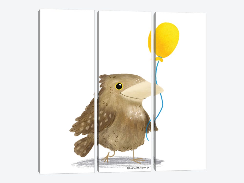 Twany Frogmouth Bird With A Yellow Balloon by Juliana Motzko 3-piece Art Print