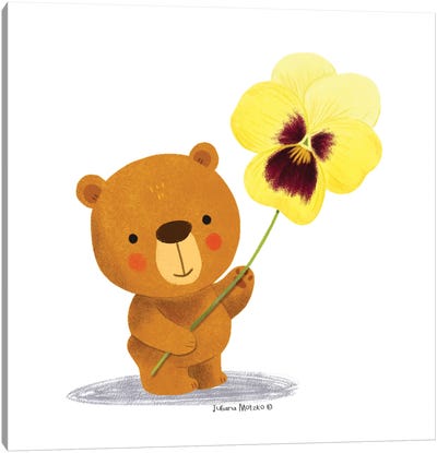 Bear With Pansy Flower Canvas Art Print - Brown Bear Art