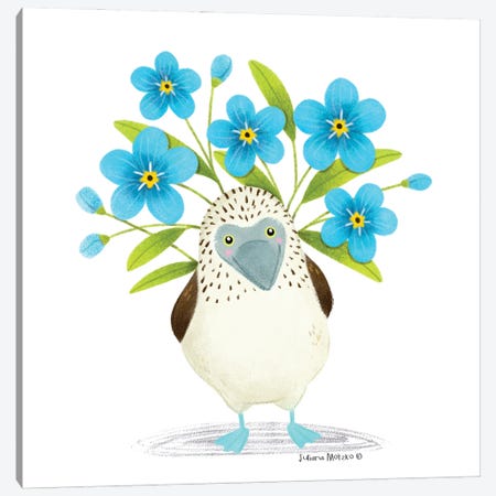Blue Footed Booby With Forget Me Not Flowers Canvas Print #JMK175} by Juliana Motzko Canvas Wall Art