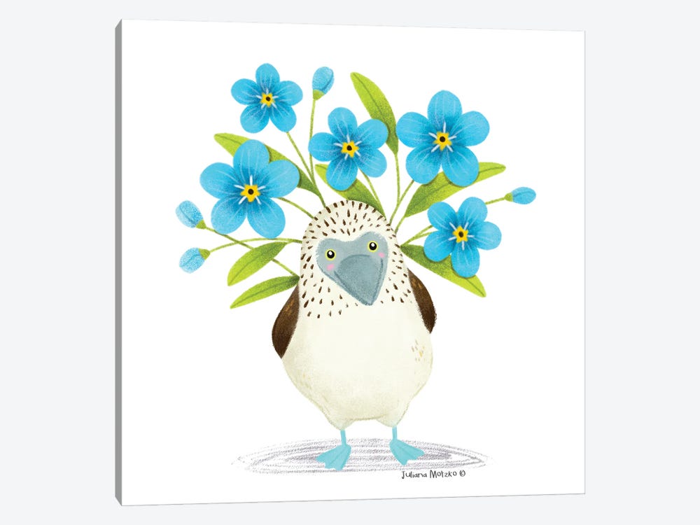 Blue Footed Booby With Forget Me Not Flowers by Juliana Motzko 1-piece Canvas Print