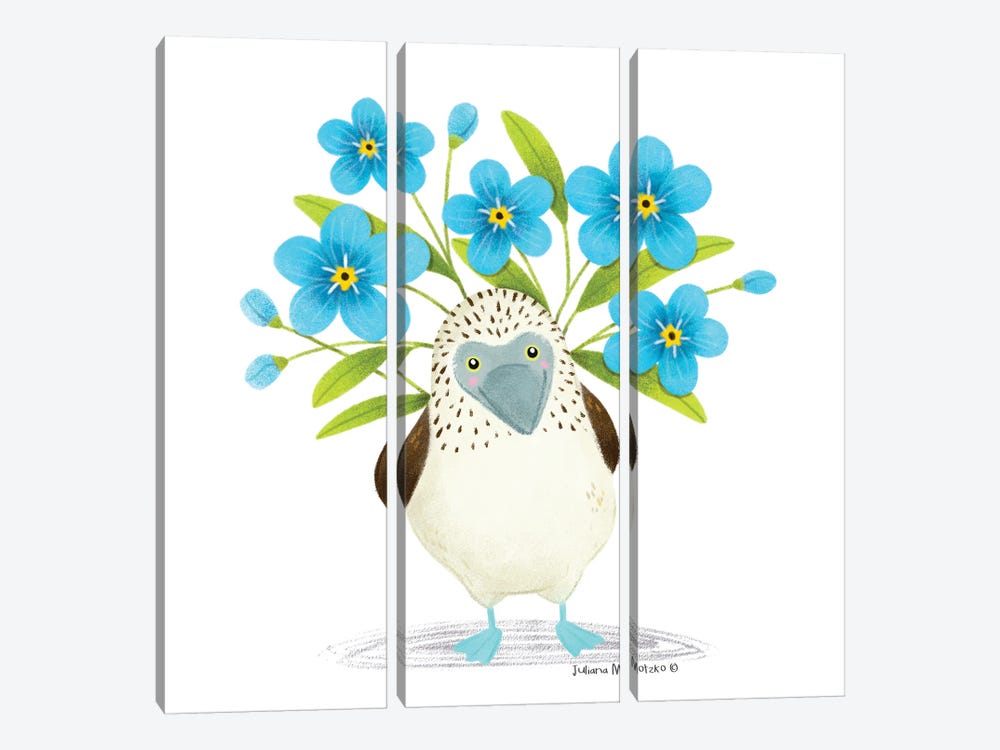 Blue Footed Booby With Forget Me Not Flowers by Juliana Motzko 3-piece Canvas Art Print